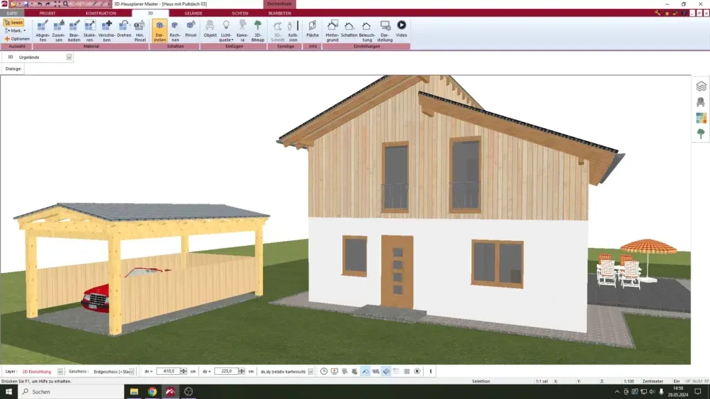 Detailansicht einer Carport-Planung in 3D-Software