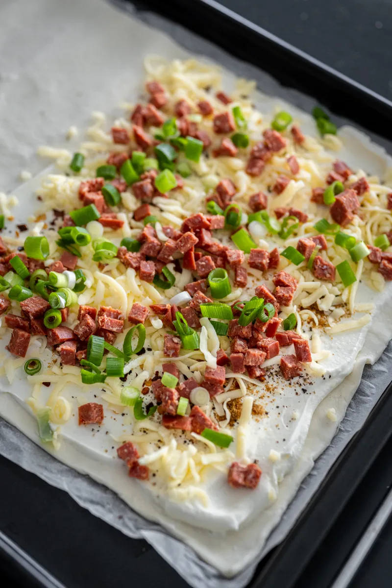 Detailansicht eines würzigen Blätterteigsnacks mit Sucuk, serviert auf einem Holztisch, perfekt für festliche Anlässe