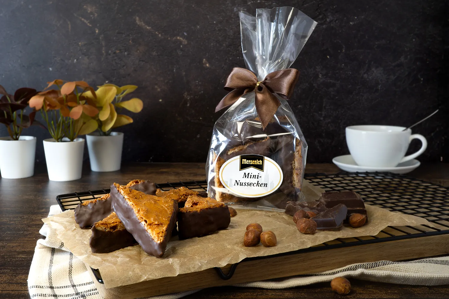 Detailaufnahme von Mini-Nussecken mit Schokolade überzogen