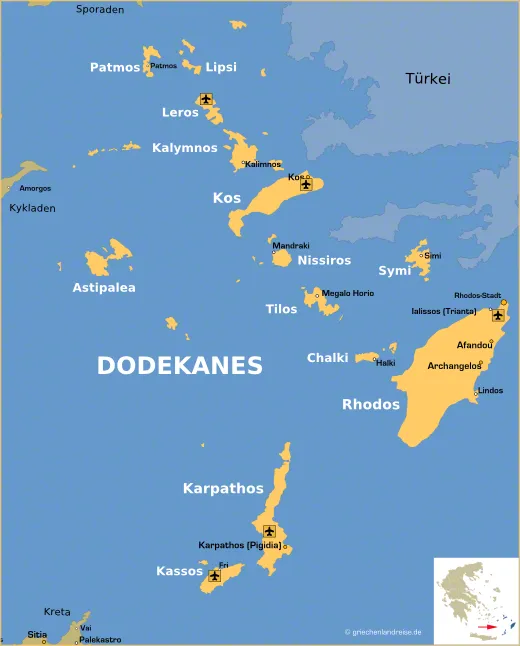 Detailkarte der Dodekanes-Inseln mit Beschriftungen der wichtigsten Inseln wie Rhodos, Kos, Patmos und Kalymnos sowie deren geografischer Anordnung.