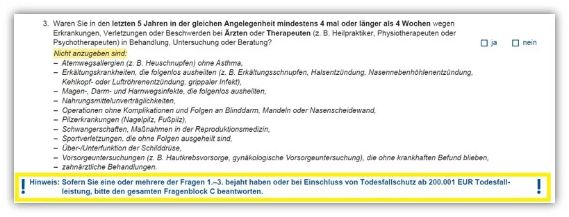 Detaillierte Gesundheitsfragen der Allianz DLVAG Risikolebensversicherung