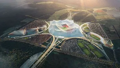 Detaillierte Illustration des modernen Designs des Grand Stade Hassan II, das die Dachkonstruktion und die äußere Erscheinung hervorhebt.