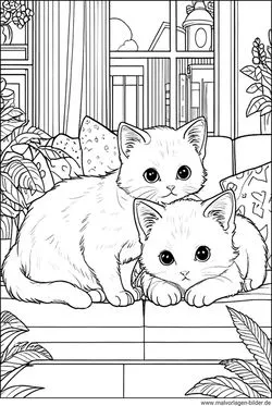 Detailreiches Ausmalbild: Katzen im Haus, geeignet für Erwachsene und Senioren