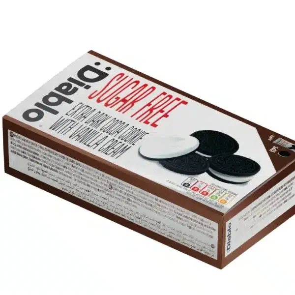 Diablo dunkle Doppelkekse mit Vanillecreme, ideal für zuckerfreien Genuss