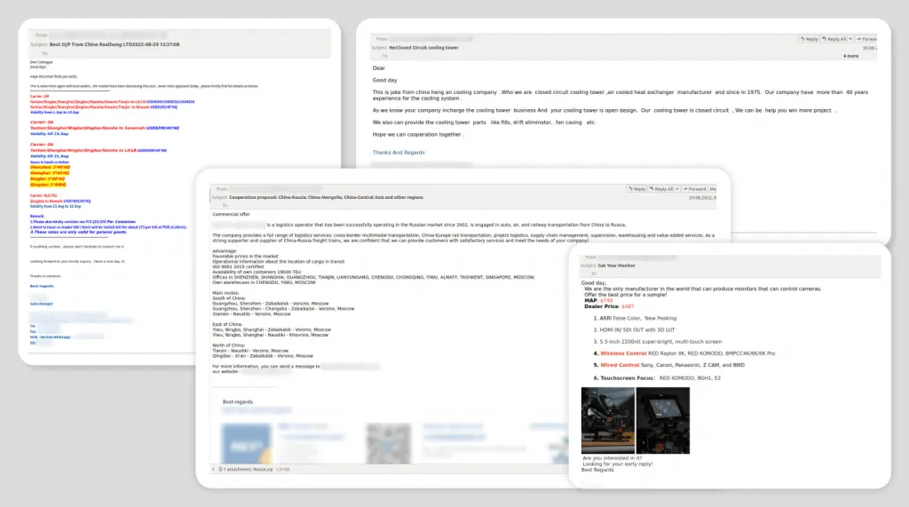 Diagramm, das den Anstieg von Spam-E-Mails mit Angeboten chinesischer Lieferanten im Jahr 2022 zeigt, aufgeteilt nach Quartalen, als Reaktion auf gestörte Lieferketten und Sanktionen.