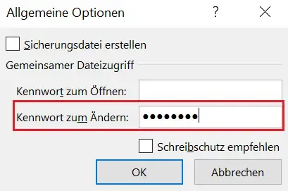 Dialogfeld &quot;Allgemeine Optionen&quot; in Excel zum Festlegen eines Kennworts zum Ändern und der Empfehlung für Schreibschutz