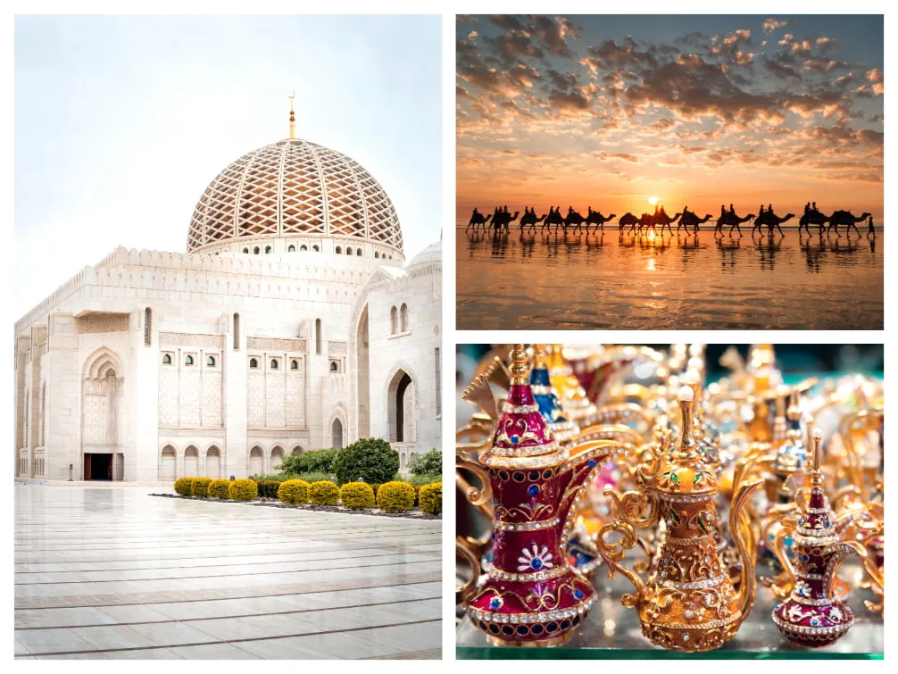 Die beeindruckende Große Sultan Qabus Moschee in Maskat, die grüne Oase Salalah und ein lebhafter traditioneller Markt in Maskat – faszinierende Impressionen des Omans, die im April entdeckt werden können.