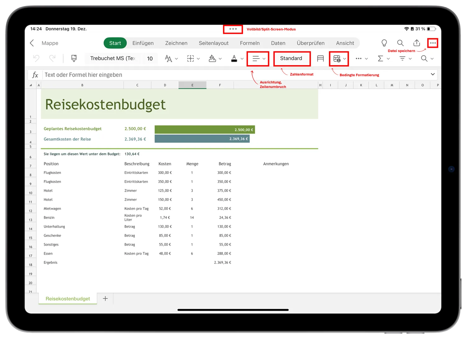 Die Benutzeroberfläche von Excel auf einem iPad, die mobile Datenbearbeitung mit Menüband und Symbolen für effiziente Tabellenkalkulation veranschaulicht.