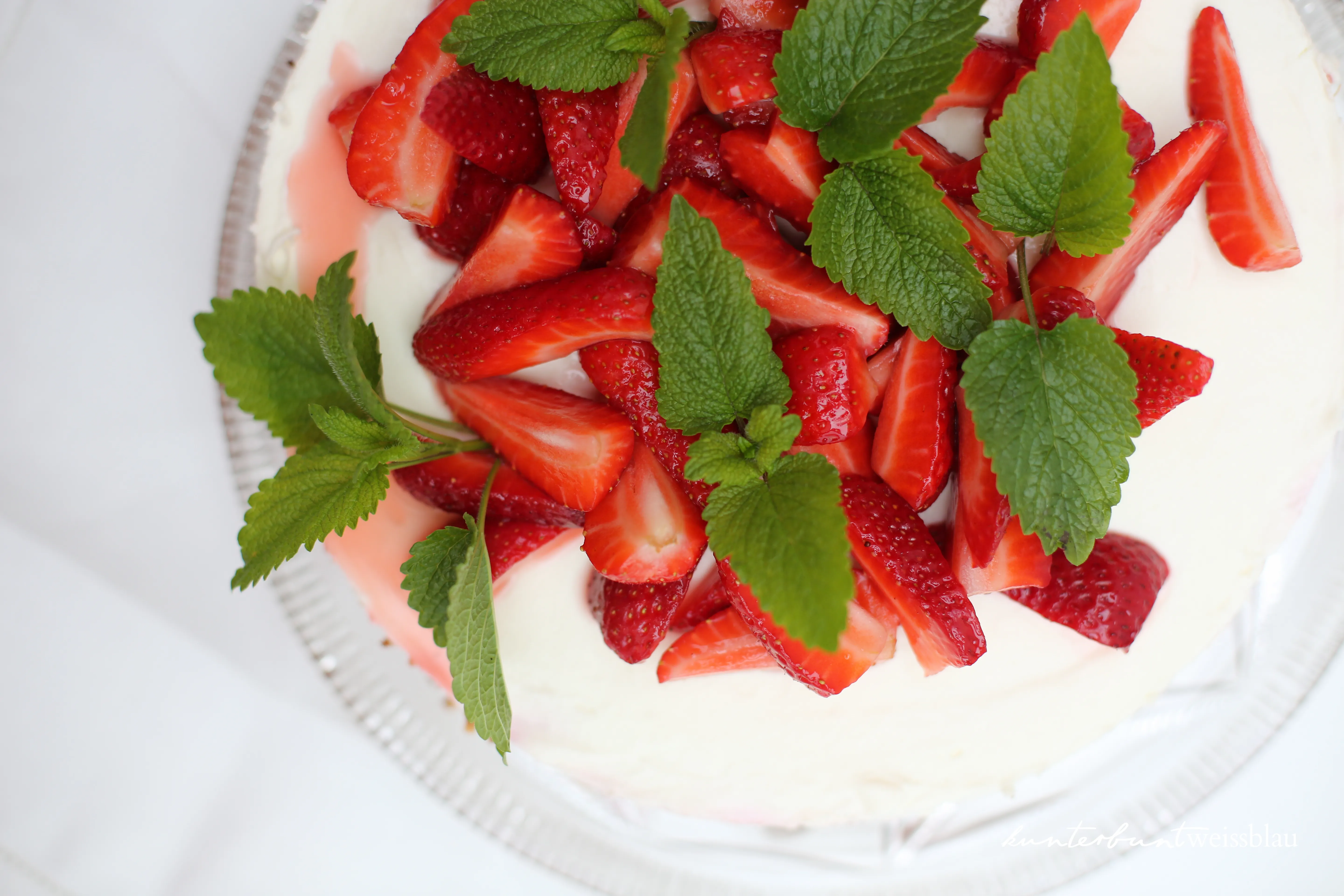 Die fertig garnierte Rhabarber Käse-Sahne-Torte mit frischen Erdbeeren und Minze