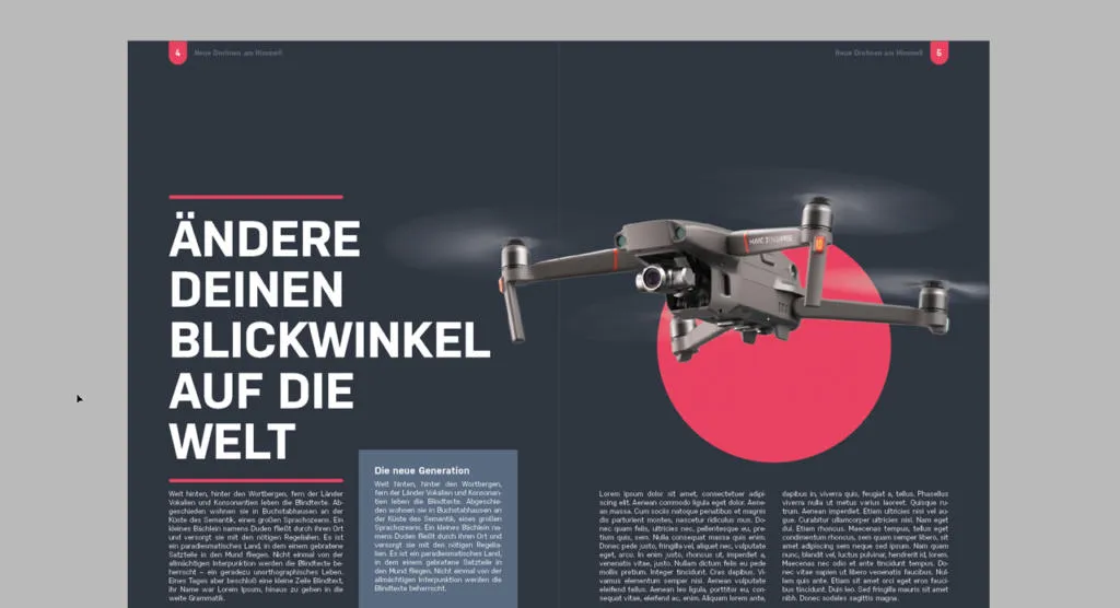 Die fertige InDesign-Magazinseite mit dunkler Hintergrundfarbe, weißen Texten, roten Akzenten und einem Kasten mit einer durch Fülloptionen generierten hellblauen Hintergrundfarbe. Ein Beispiel für professionelle Layoutgestaltung.
