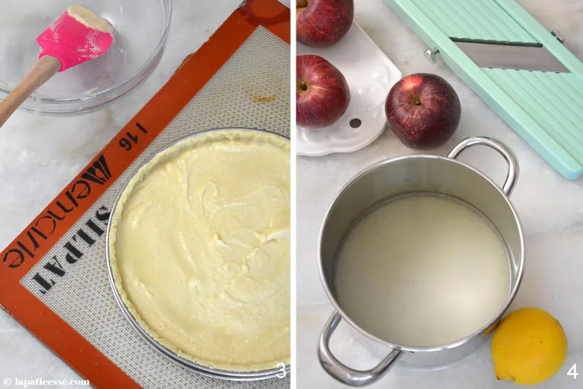 Die halb gebackene Apfelrosen-Tarte mit Crème d’amande, bereit für die Apfelrosen – ein Zwischenschritt im Promibacken-würdigen Rezept.