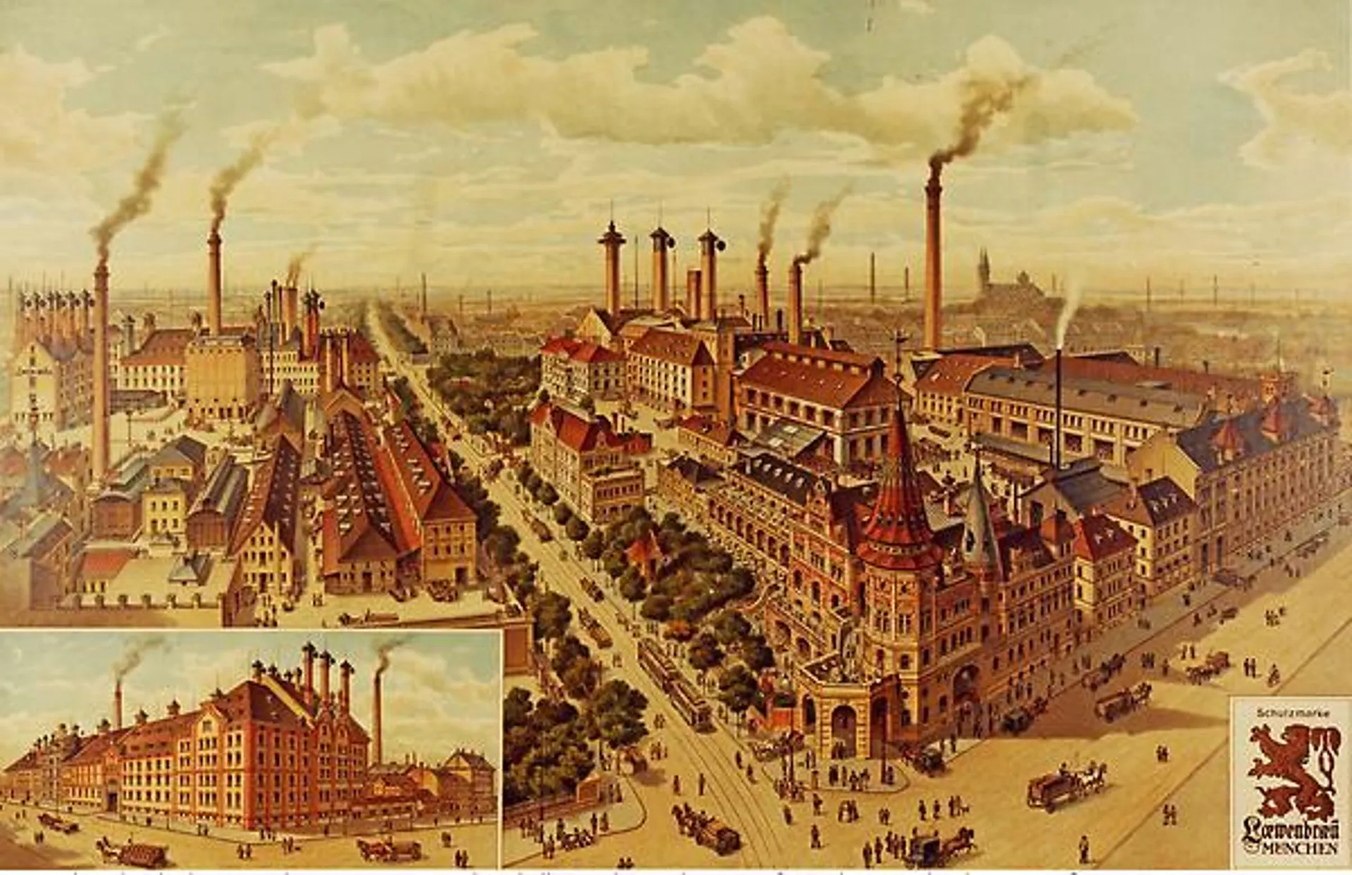 Die historische Ansicht der Löwenbräu-Brauerei im Jahr 1891, ein Zeugnis ihrer langen Geschichte.