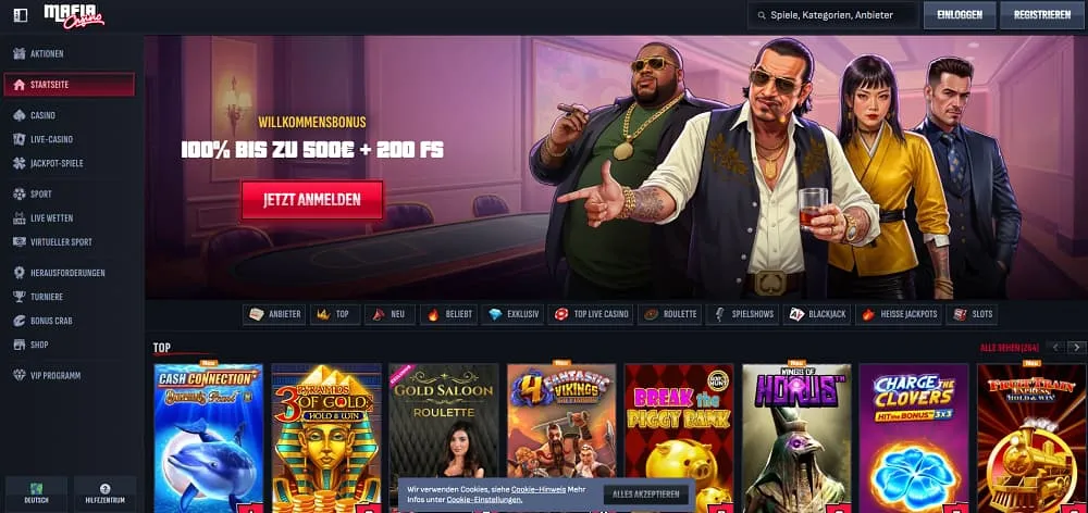 Die Homepage des Mafia Casino bietet eine stilvolle, dunkle Benutzeroberfläche mit Figuren in Vintage-Gangsterkleidung, die einen 100 %-Willkommensbonus von bis zu 500 € und 200 Freispiele bewirbt und Navigationsoptionen für Spielautomaten, Live-Casino, Sportwetten und VIP-Prämien bietet.