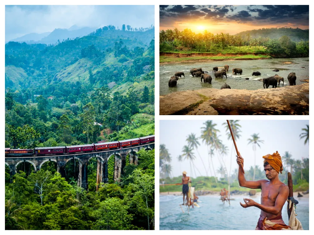 Die malerische Nine Arches Bridge, Elefanten in Pinnawala und traditionelle Stelzenfischer in Sri Lanka