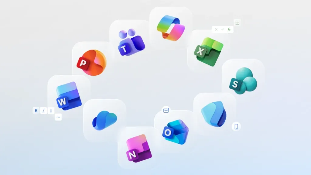 Die neuen, modernisierten App-Icons von Word, Excel, PowerPoint und anderen Microsoft 365 Anwendungen im Stil des KI-Zeitalters