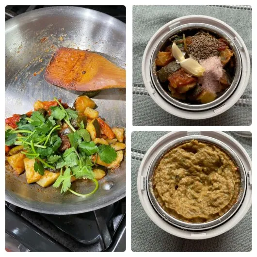 Die pürierte Zucchini-Tomaten-Mischung im Mixer, bereit für das fertige Chutney