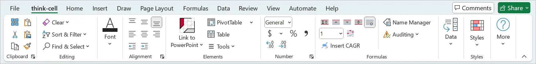 Die think-cell-Registerkarte in Excel