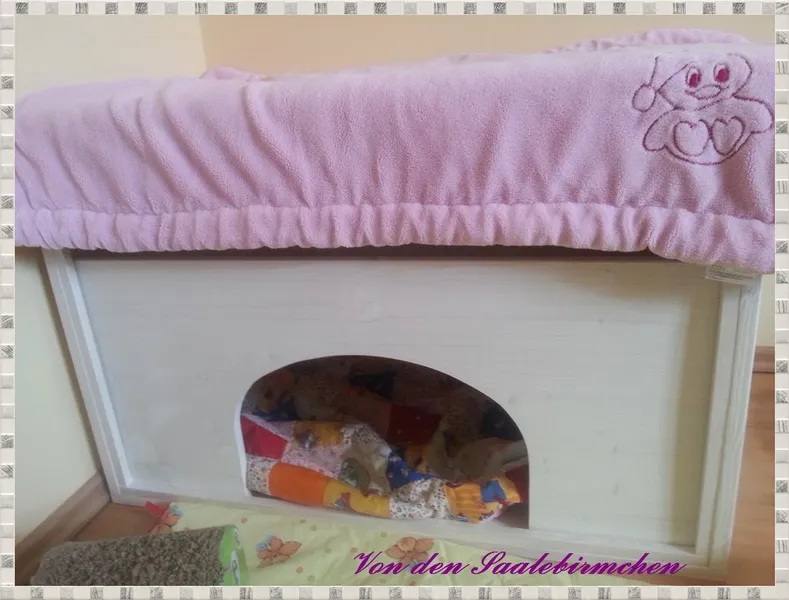 Die Wurfkiste Katze mit einem fehlenden vorderen Brett, eventuell kann eine Decke angebracht werden