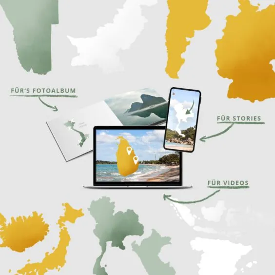 Digitale Weltkarte mit farbigen Länderumrissen und Markierungen für Reiseplanung