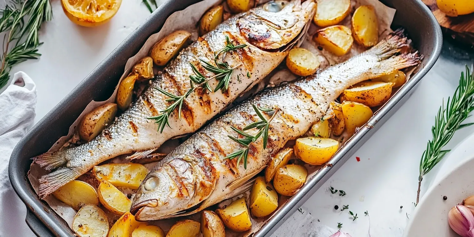Dorade im Ofen mit Rosmarin und knusprigen Kartoffeln, servierfertig auf einem Backblech.