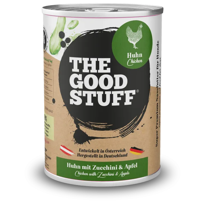 Dosen mit Nassfutter von THE GOODSTUFF in verschiedenen Geschmacksrichtungen wie Huhn und Rind, präsentiert für eine artgerechte Hundeernährung.