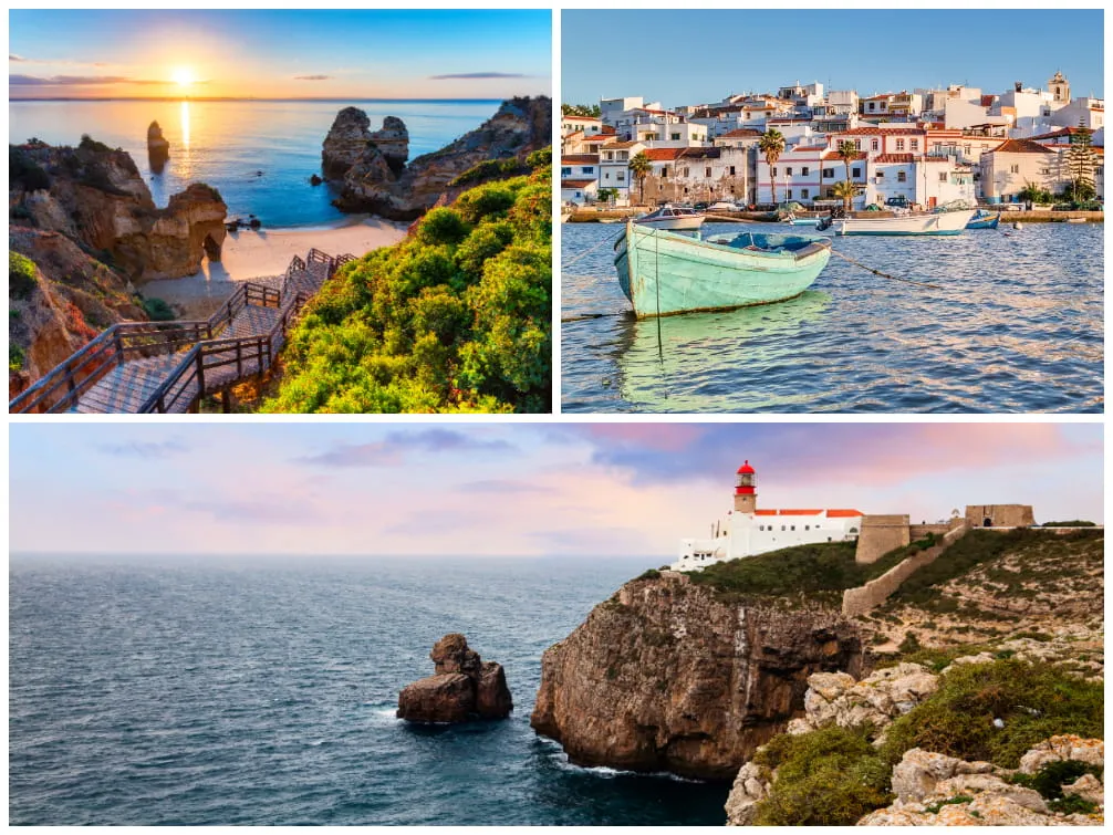 Drei Ansichten der Algarve: Praia de Camilo (oben links), Fischerstädtchen Ferragudo (oben rechts), Leuchtturm am Cap von Sao Vicente (unten)