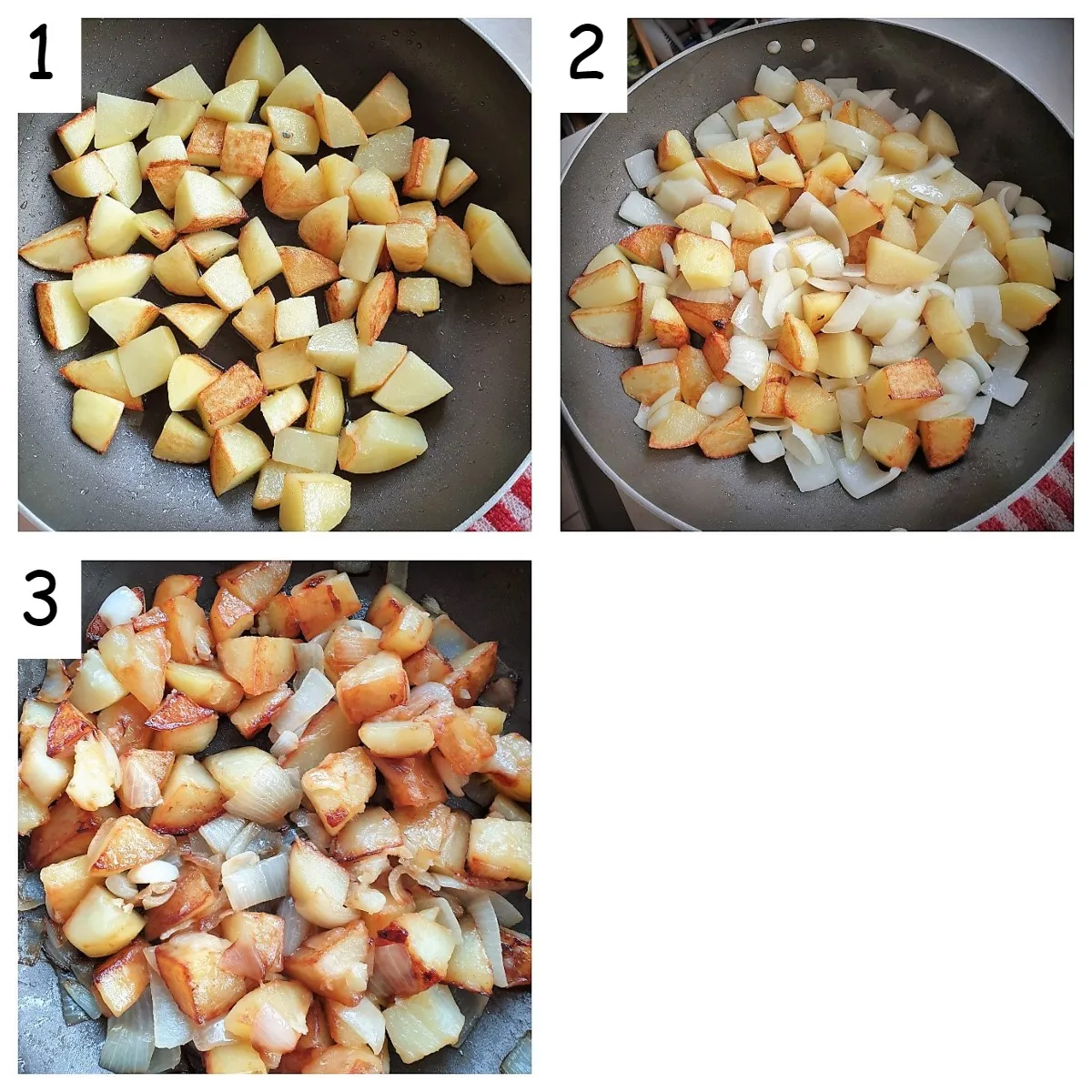 Drei Bilder, die die Schritte zur Herstellung von Sauteed Potatoes zeigen.