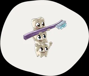 Drei fröhliche Comic-Zähne heben gemeinsam eine Zahnbürste – Symbol für natürliche Zahnpflege und Teamwork bei Hund, Katze und Pferd.