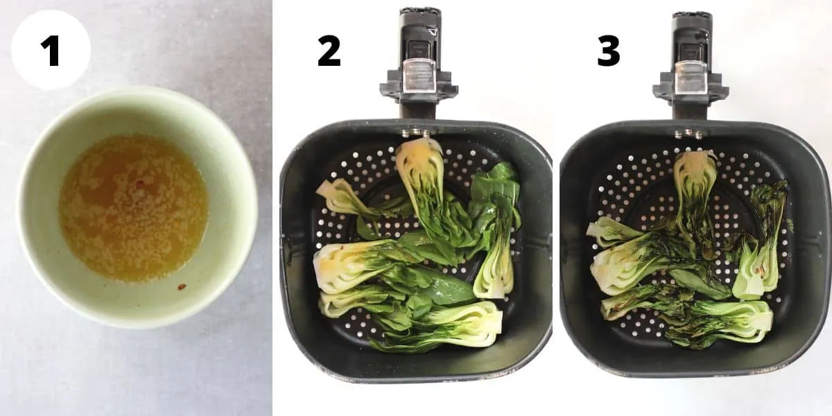 Drei Schritt-für-Schritt-Fotos zur Zubereitung von Pak Choi in der Heißluftfritteuse.