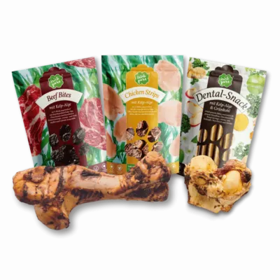 Drei Snack Packungen (Beef, Chicken und Dental) nebeneinander. Darunter ein Large Postmans Leg und Half Knuckle.