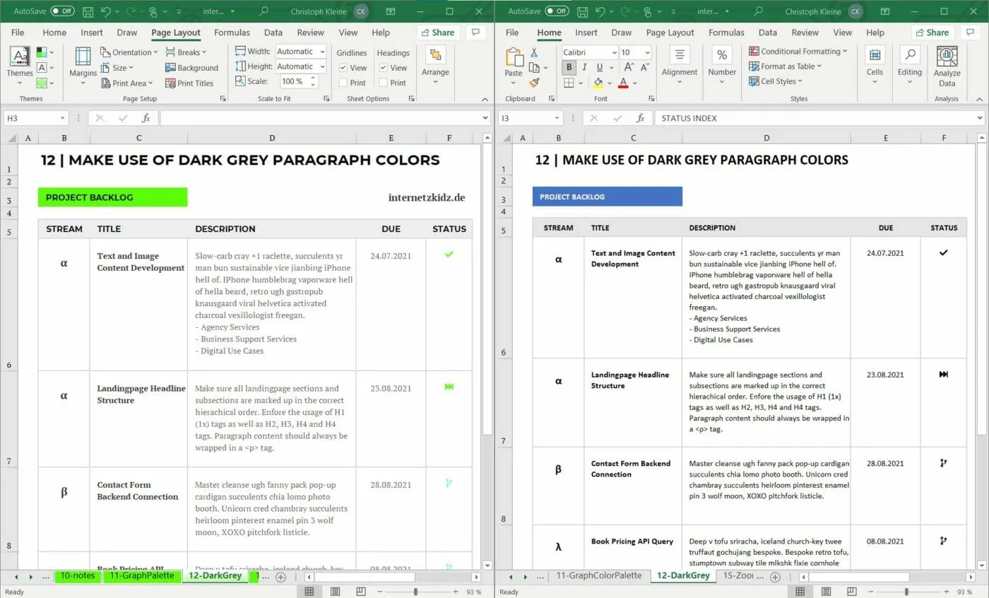Dunkelgraue Schrift für Absätze in Excel für eine angenehmere Lesbarkeit