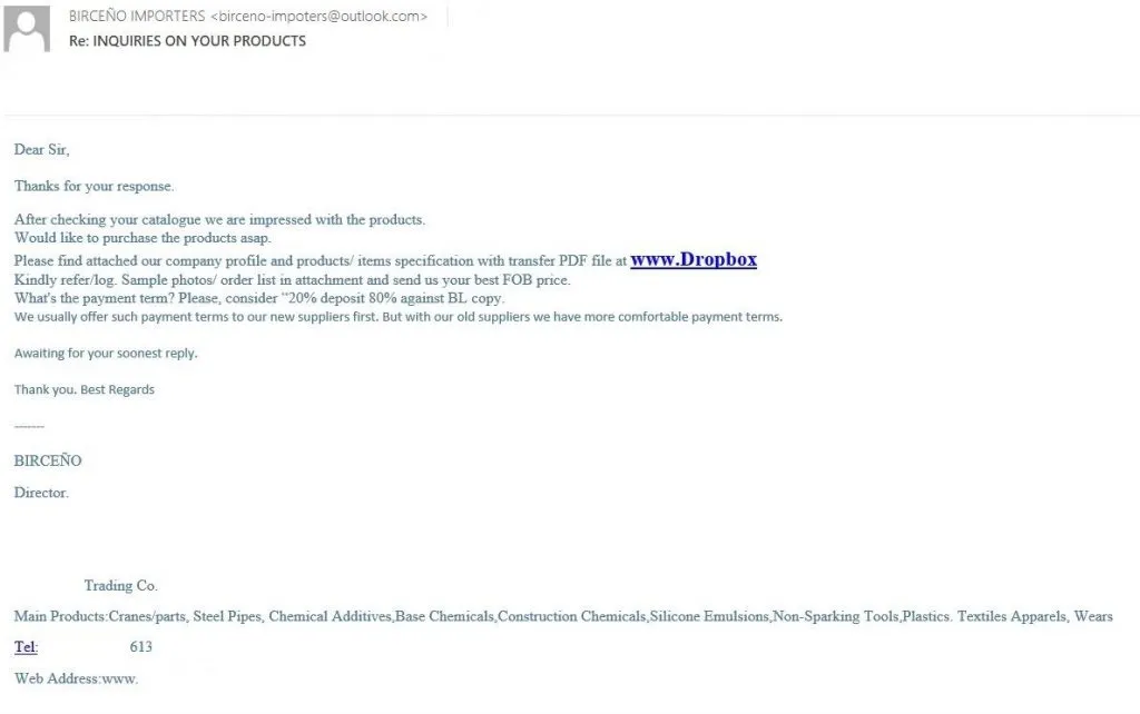 E-Mail mit Phishing-Link: Beispiel einer zweistufigen Spear-Phishing-Kampagne, die auf eine vorherige Korrespondenz aufbaut und den Empfänger zum Download einer PDF-Datei über einen bösartigen Link auffordert.