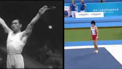 Ein animierter Vergleich: Frühere Bodenübung mit einfachen Sprüngen und Drehungen versus heutige Performance mit mehrfachen Salti und komplexen Akrobatikbahnen.