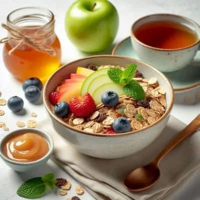 Ein appetitliches basisches Protein Müsli in einer Schale, garniert mit frischen Beeren und Nüssen, perfekt für einen energiegeladenen Start in den Tag.