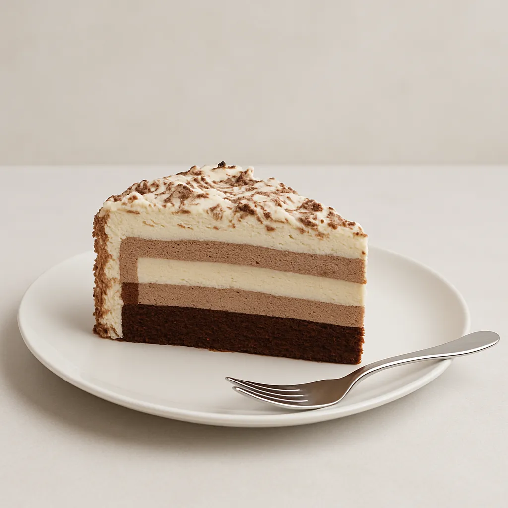 Ein appetitliches Stück Milka Schoko-Sahnetorte mit mehreren Schichten und luftiger Sahnehaube auf weißem Teller, bereit zum Genuss.