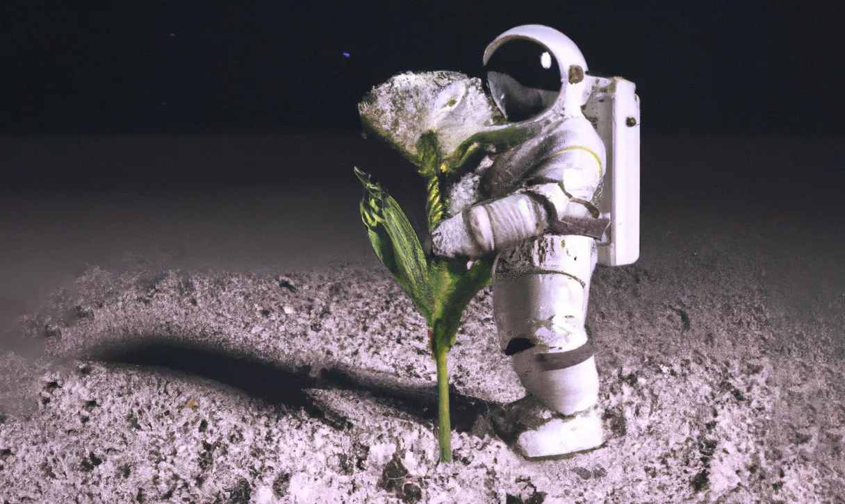 Ein Astronaut hält eine Blume im Weltraum, generiert von einer KI