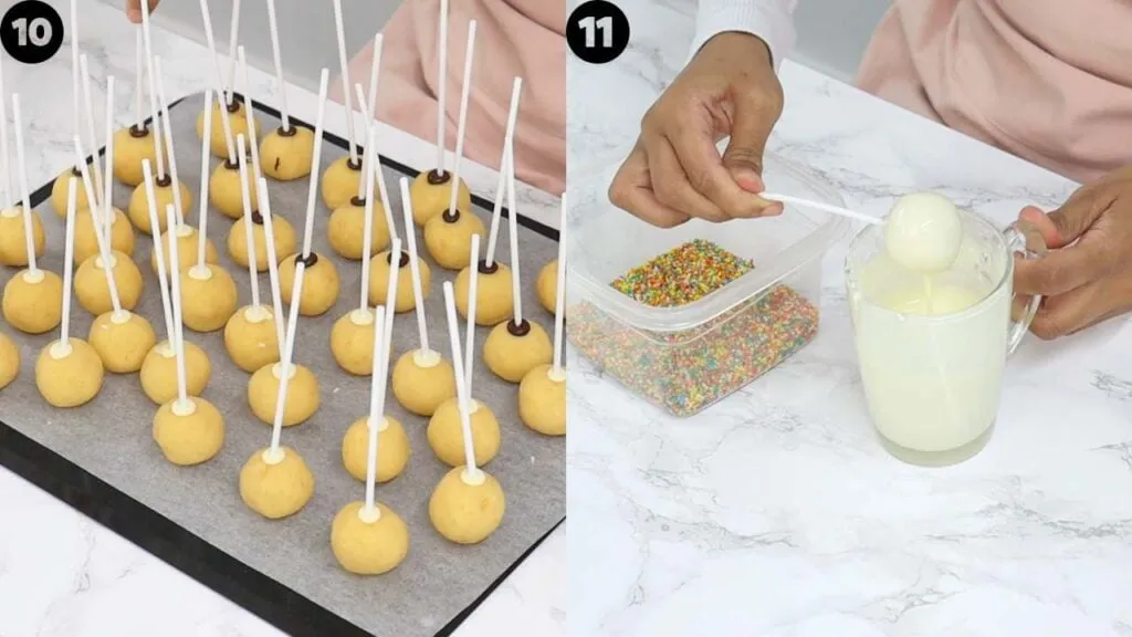 Ein Cakepop wird in geschmolzene Schokolade getaucht und anschließend mit bunten Streuseln verziert.