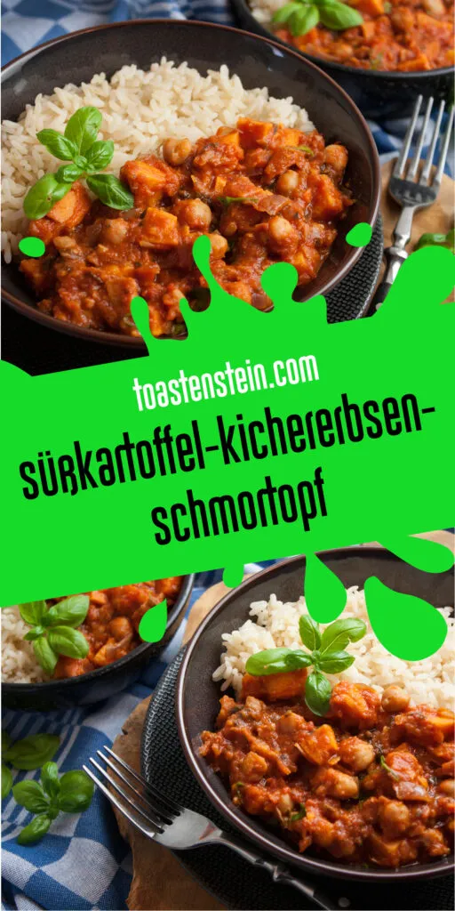 Ein dampfender, aromatischer Süßkartoffel-Kichererbsen-Schmortopf in einem Topf, perfekt für vegetarische Rezepte.