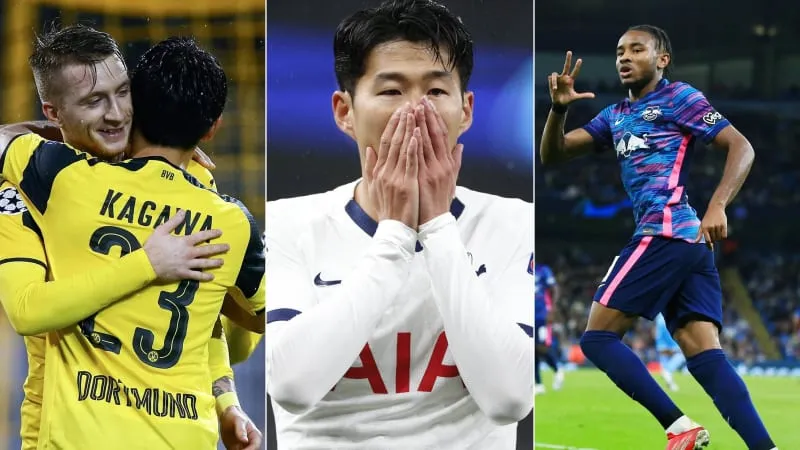 Ein dynamisches Fußballstadionbild während eines Champions-League-Spiels mit jubelnden Fans und Spieleraktion