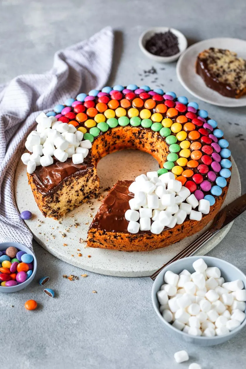 Ein einfacher Regenbogenkuchen mit Smarties und süßen Wolken als Dekoration