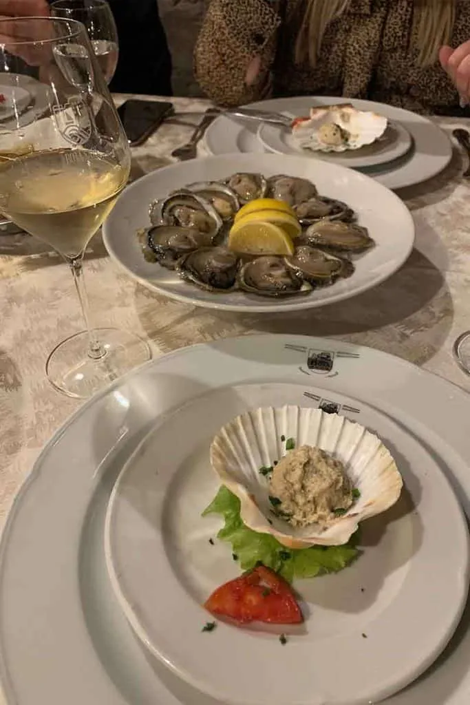 Ein elegantes Arrangement im Bota Šare in Zagreb, mit frischen Austern, Zitronenspalten, Weißwein und einer Jakobsmuschelschale mit Meeresfrüchtesalat auf einem gemusterten Tischtuch.