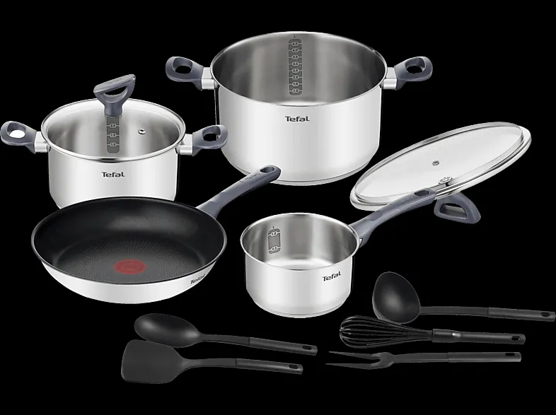 Ein elfteiliges TEFAL Daily Cook Topf-Set aus Edelstahl mit Glasdeckeln für vielseitiges Kochen.