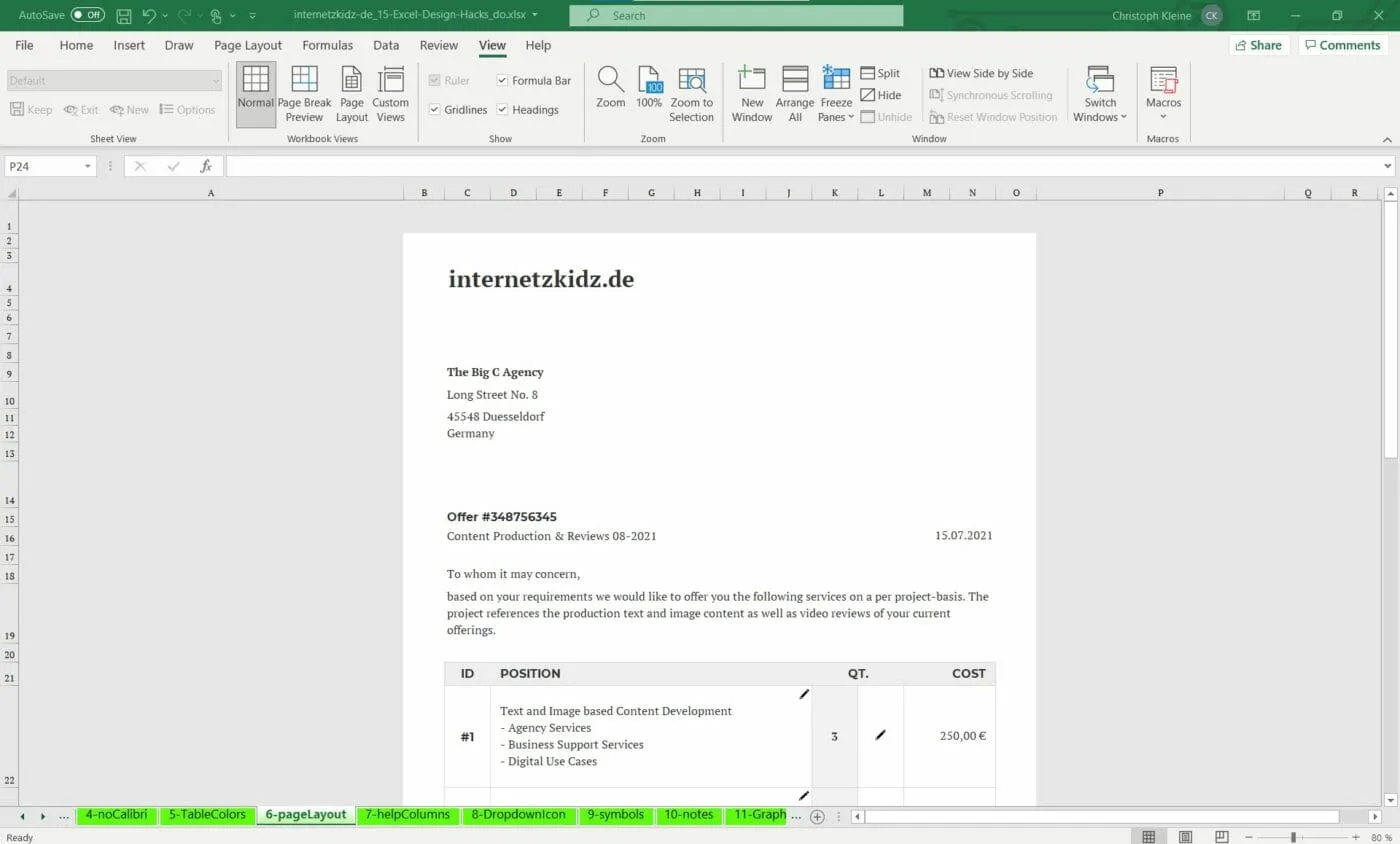 Ein Excel-Sheet als Seitenlayout gestalten für offizielle Dokumente