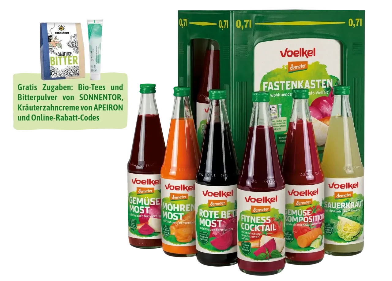 Ein Fastenkasten mit sechs Flaschen Demeter Gemüsesäften für ein ganzheitliches Saftfastenprogramm
