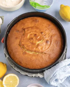 Ein gebackener Ricotta-Kuchen mit leichter goldbrauner Kruste, bereit zum Abkühlen.