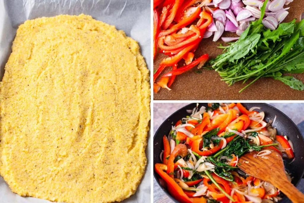 Ein gesunder glutenfreier Polenta Pizza Boden und gedünstetes Gemüse für den Belag, bereit zum Belegen.