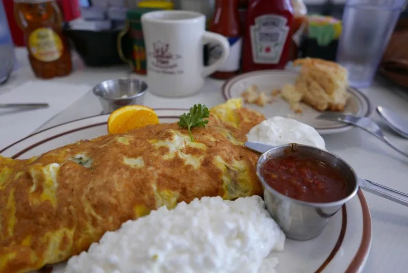 Ein herzhaftes amerikanisches Frühstück mit Omelett und Beilagen, das die Vielfalt der deutschen Frühstückstische reflektiert.
