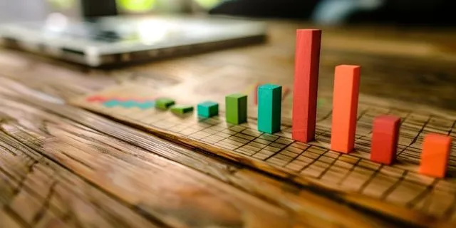 Ein Holztisch mit einem Balkendiagramm, das einen grünen und einen roten Balken zeigt, symbolisiert Einnahmen und Ausgaben oder Gewinn und Verlust in der Einnahmen-Ausgaben-Rechnung für Kleinunternehmer.