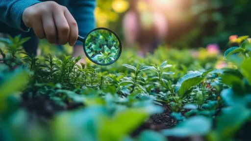 Ein Kind hält eine Lupe über grüne Pflanzen im Garten. Die Hand ist teilweise im Bild, die Lupe zeigt eine vergrößerte Ansicht der Pflanzen.